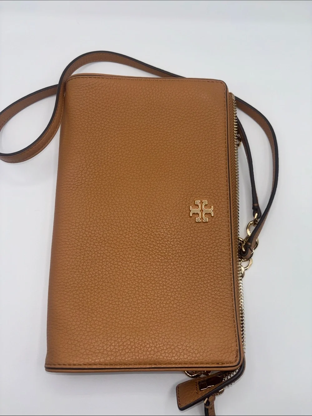 Tory Burch Pebbled Leather Crossbody in Taffee Brown with Gold Hardware
